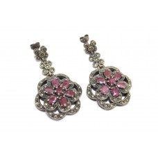 Dangle Handmade Earrings Women 925 Sterling Silver Ruby & Marcasite Stones I